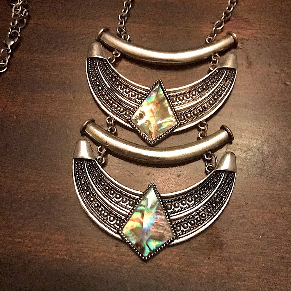 32” necklace. Silver chain with double ornate pendants.